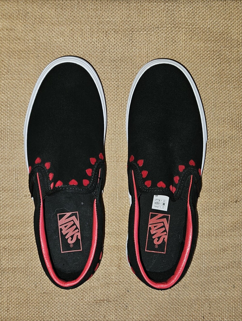 Vans Womens Black Slip-On Sneakers with Red Hearts